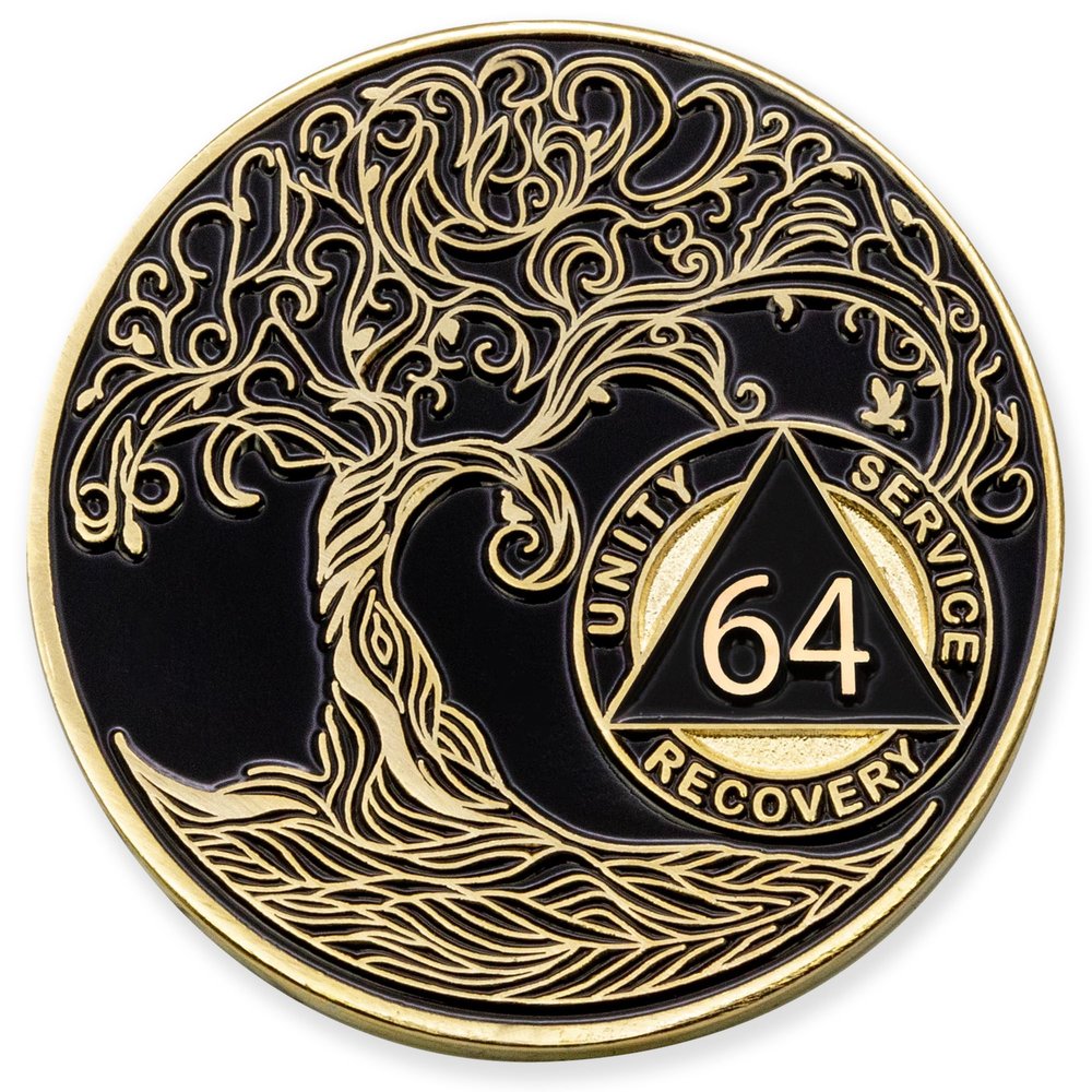 1 to 50 Year Twisted Tree of Life Sobriety Coin - Gold Plated AA Chips & Medallions - 64 Year Sobriety Coin - Black