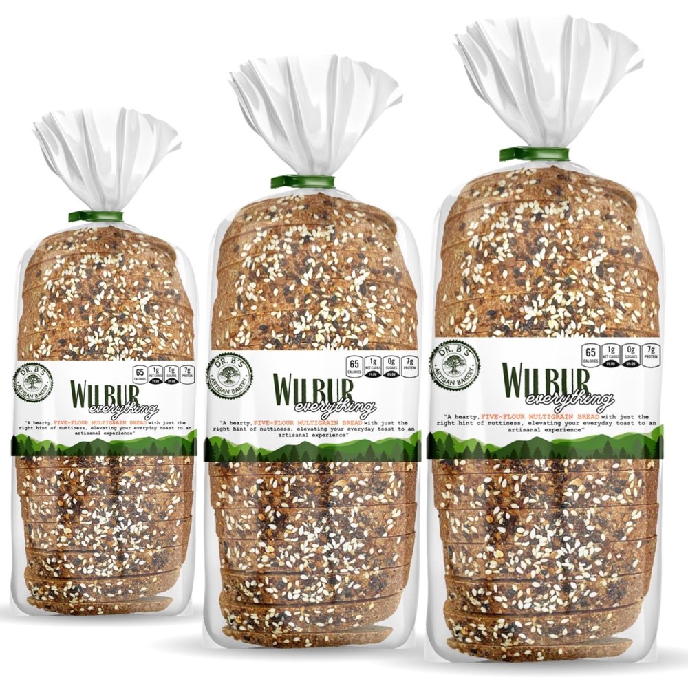 Dr. B's Wilbur Five Flour Multigrain Bread | 1g Net Carbs & 7g Protein | Low Calorie, Vegan, Sugar Free | Fresh, Sliced, Keto & Low Carb Bread Loaf (3 Pack (16 oz), Everything)