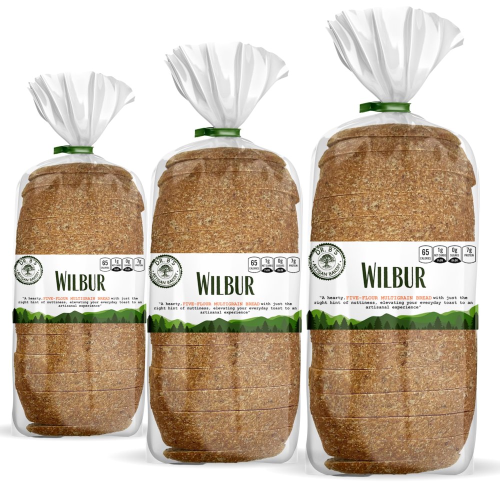Dr. B's Wilbur Five Flour Multigrain Bread | 1g Net Carbs & 7g Protein | Low Calorie, Vegan, Sugar Free | Fresh, Sliced, Keto & Low Carb Bread Loaf (3 Pack (16 oz), Plain)