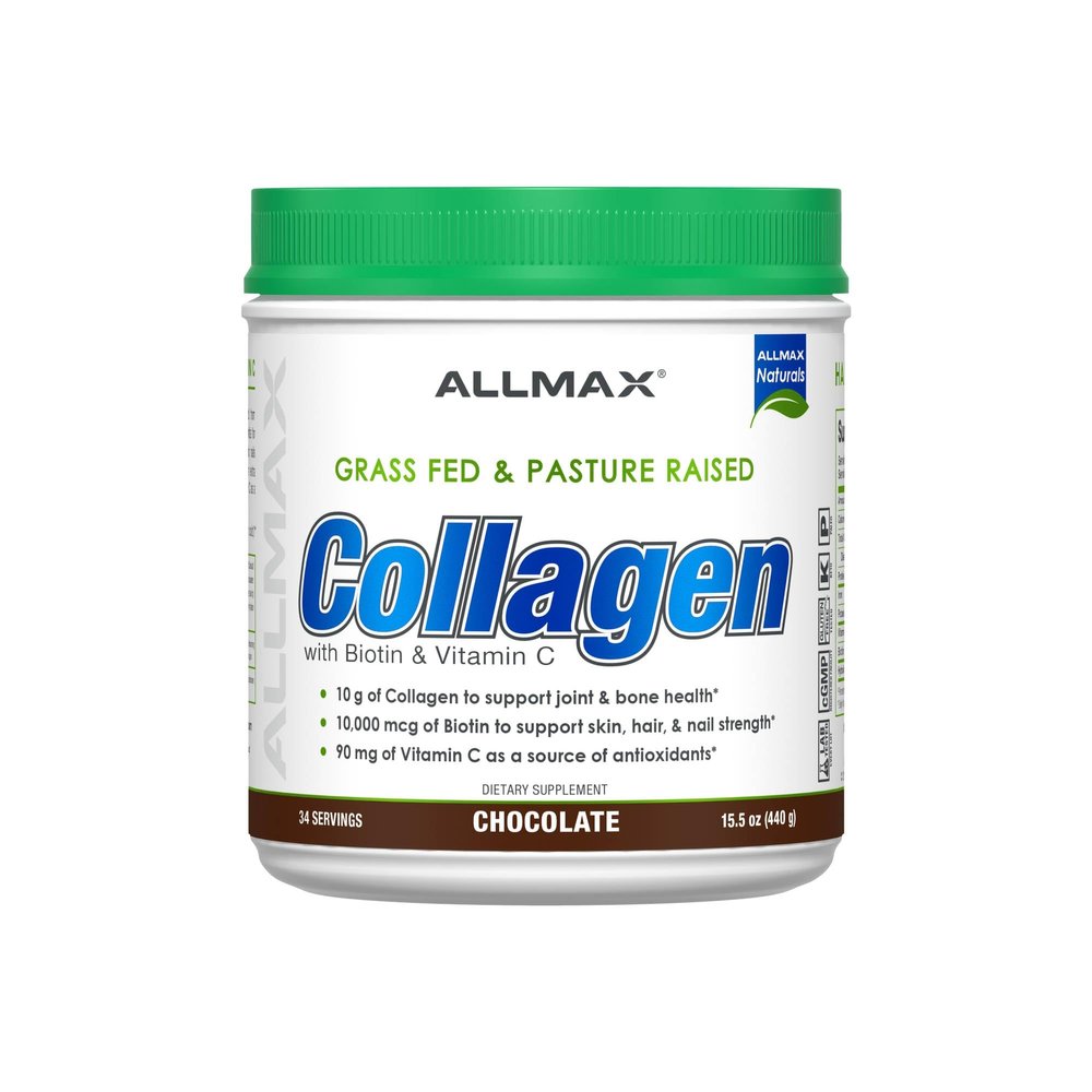 AllMax Nutrition Collagen Powder, Grass Fed & Pasture Raised with Biotin (10,000 mcg) & Vitamin C (90 mg) (440 Grams, Chocolate)