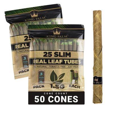 KING PALM Slim Size Natural Pre Wrap Palm Leafs (2 Packs of 25, 50 Rolls Total) - Pre Rolled Cones - All Natural Cones - Corn Husk Filter - Preroll Cones - Prerolled Cones with Filter - Organic Cones