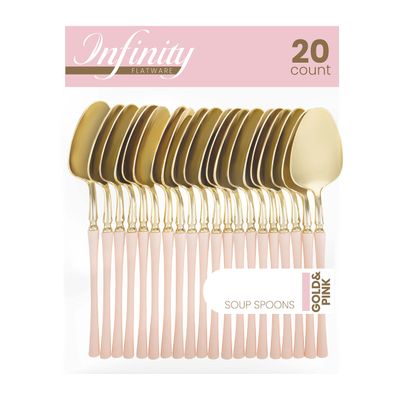 PlasticPro 20 Count Gold and Pink Plastic Soup Spoons Premium Quality Heavy Duty Disposable Elegant Silverware Two Tone Soup Spoons for Party
