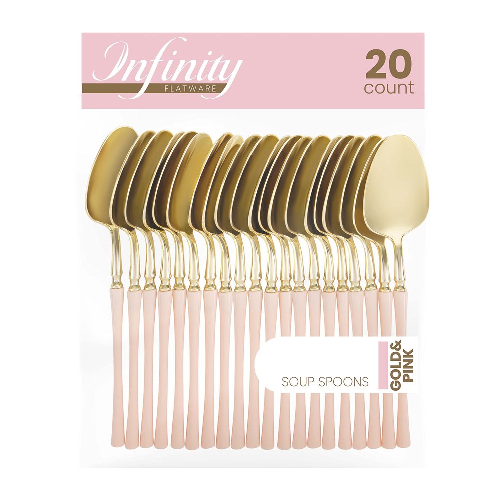 PlasticPro 20 Count Gold and Pink Plastic Soup Spoons Premium Quality Heavy Duty Disposable Elegant Silverware Two Tone Soup Spoons for Party