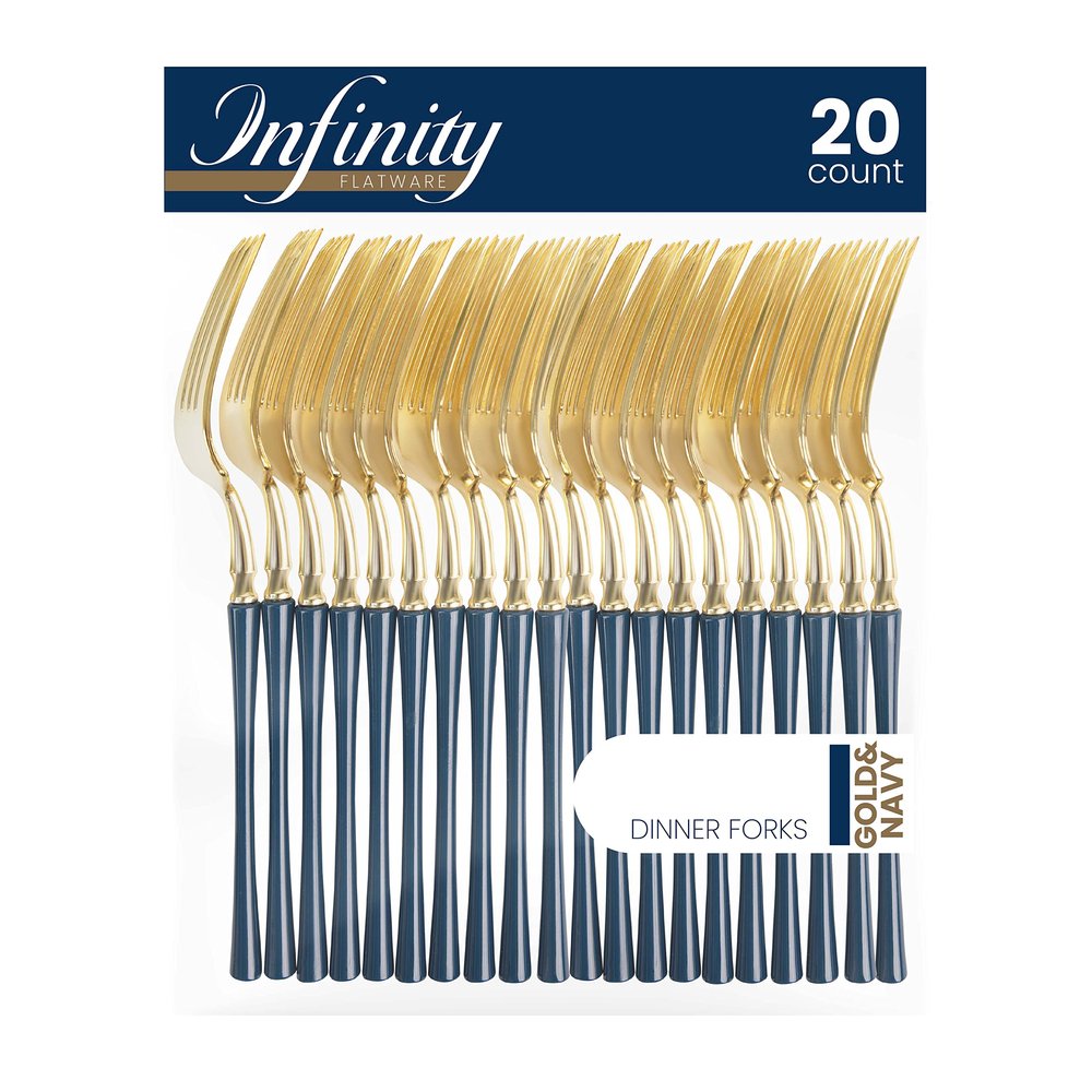 PlasticPro 20 Count Gold and Navy Plastic Dinner Forks Premium Quality Heavy Duty Disposable Elegant Silverware Two Tone Forks for Party