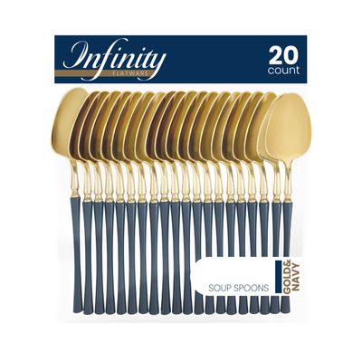 PlasticPro 20 Count Gold and Navy Plastic Soup Spoons Premium Quality Heavy Duty Disposable Elegant Silverware Two Tone Soup Spoons for Party