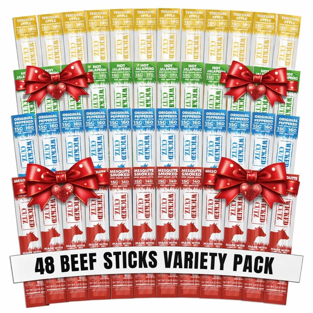 Wicked Cutz Beef Sticks Variety Pack | 4 Flavors up to 15g Protein Per Meat Stick | Extra Large, Tender, Easy to Chew, USA Made, High Protein Carnivore Snacks | Valentines Day Gifts for Men (48 Pack)