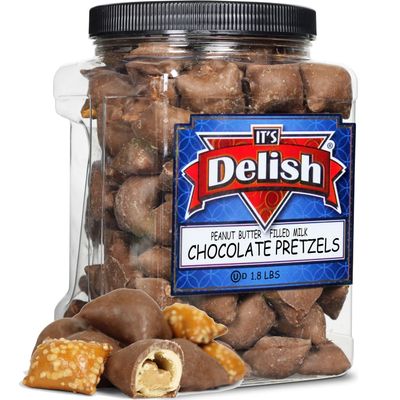 Milk Chocolate Covered Peanut Butter Pretzels by Its Delish, 1.8 LBS Jumbo Container Bulk | Gourmet Chocolate Coated Pretzel Nuggets Filled with PeanutButter Bites | Awesome Candy Snack | Kosher Dairy