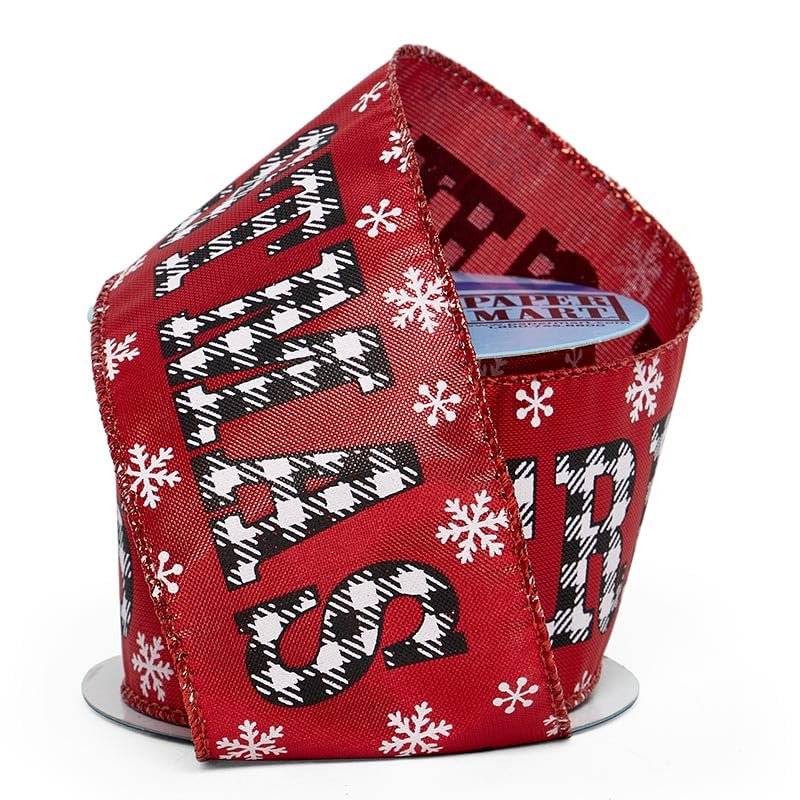 2 1/2" X 10 Yards Merry Christmas Print On Wired Ribbon,Plaid Merry Christmas On Red, Multi, Roll 1