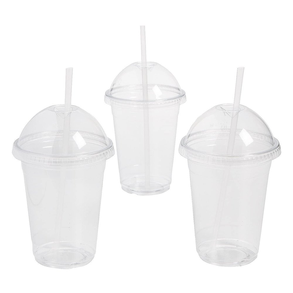 Fun Express Clear Plastic Cups with Dome Lids & Straws, 24 Piece