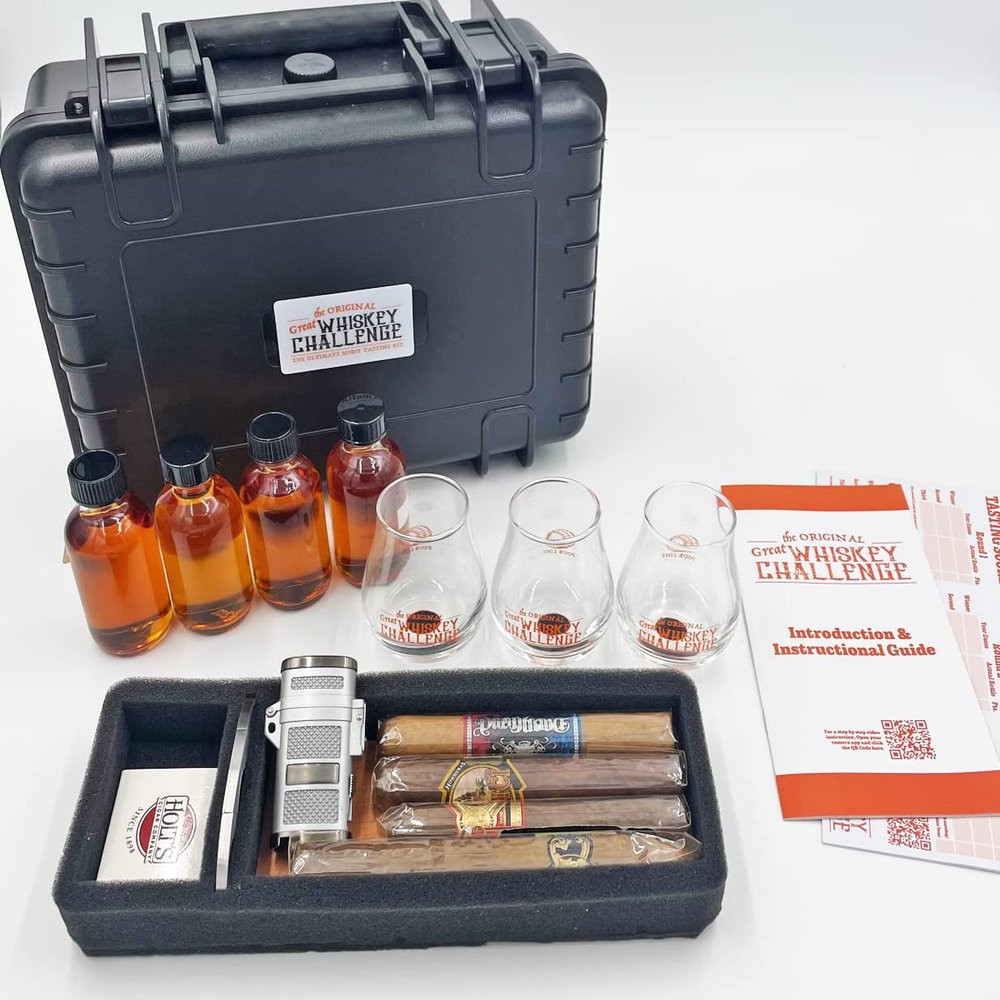 Great Whiskey Challenge 150 Hard Case Travel kit - Cigar Tray Humidor Blind Tasting Set Kit Glasses Bourbon Whiskey Rum Wine Traveling