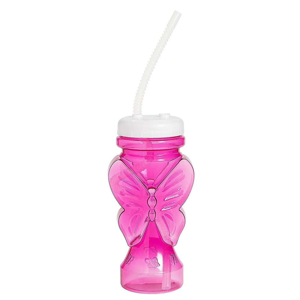 Fun Express 6 Pieces Butterfly Plastic Cups with Lids & Straws, Holds 14 oz, BPA Free Plastic, Party Supplies, Clear