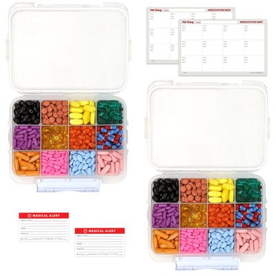 12 Compartment Large Pill Case with Airtight Seal - Silicone Gasket Waterproof Med Box with Medication Map & Medical Alert Card (Clear, 2 Pack)