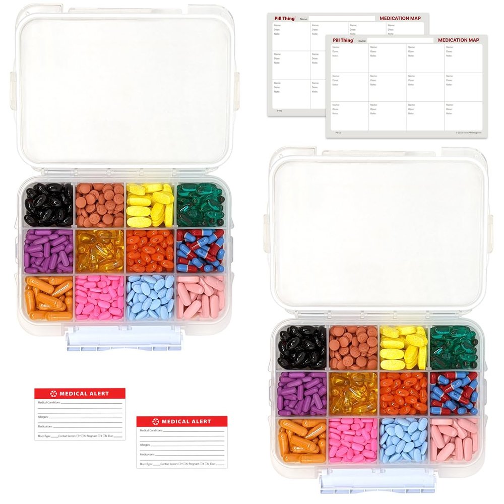 12 Compartment Large Pill Case with Airtight Seal - Silicone Gasket Waterproof Med Box with Medication Map & Medical Alert Card (Clear, 2 Pack)