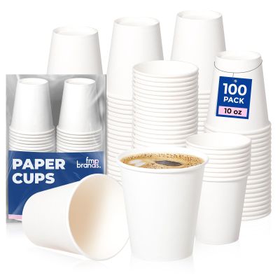 Fit Meal Prep 100 Pack 10 oz Disposable Paper Coffee Cups, Premium Hot Cups for Hot/Cold Beverage, Durable Thickened White Paper Cup Bulk for Party, Office, Bussines, Cafes, Bistros, Daily Use