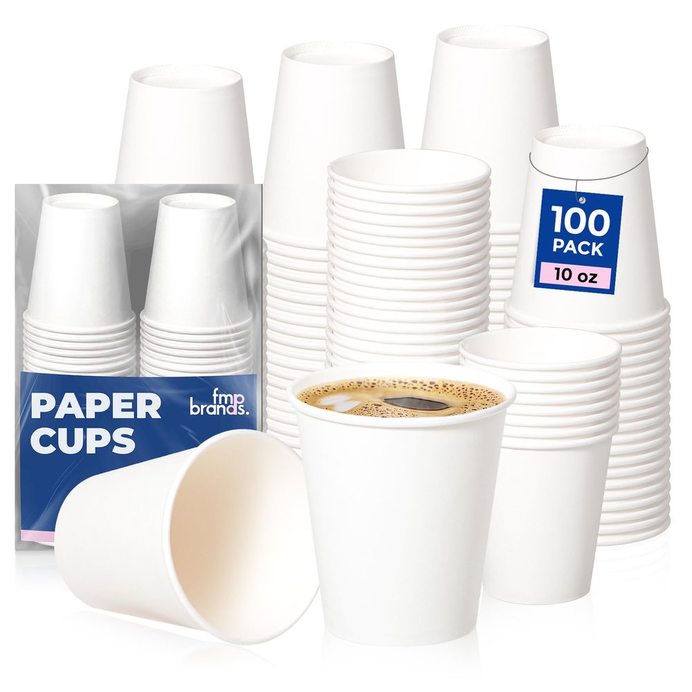 Fit Meal Prep 100 Pack 10 oz Disposable Paper Coffee Cups, Premium Hot Cups for Hot/Cold Beverage, Durable Thickened White Paper Cup Bulk for Party, Office, Bussines, Cafes, Bistros, Daily Use