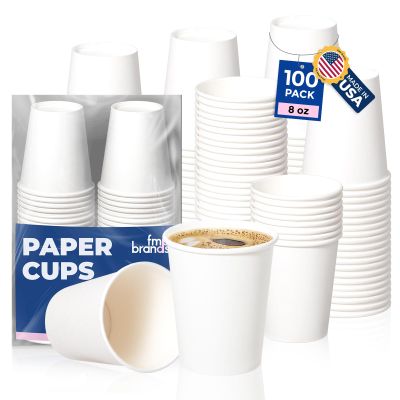 Fit Meal Prep 100 Pack 8 oz Disposable Paper Coffee Cups, Premium White Hot Cups for Hot/Cold Beverage, Durable Thickened Paper Cup Bulk for Party, Daily Use, Office, Home, Bistros