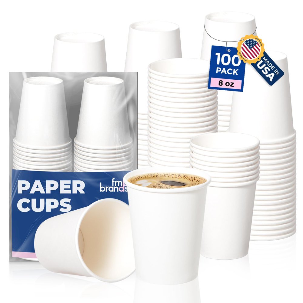 Fit Meal Prep 100 Pack 8 oz Disposable Paper Coffee Cups, Premium White Hot Cups for Hot/Cold Beverage, Durable Thickened Paper Cup Bulk for Party, Daily Use, Office, Home, Bistros