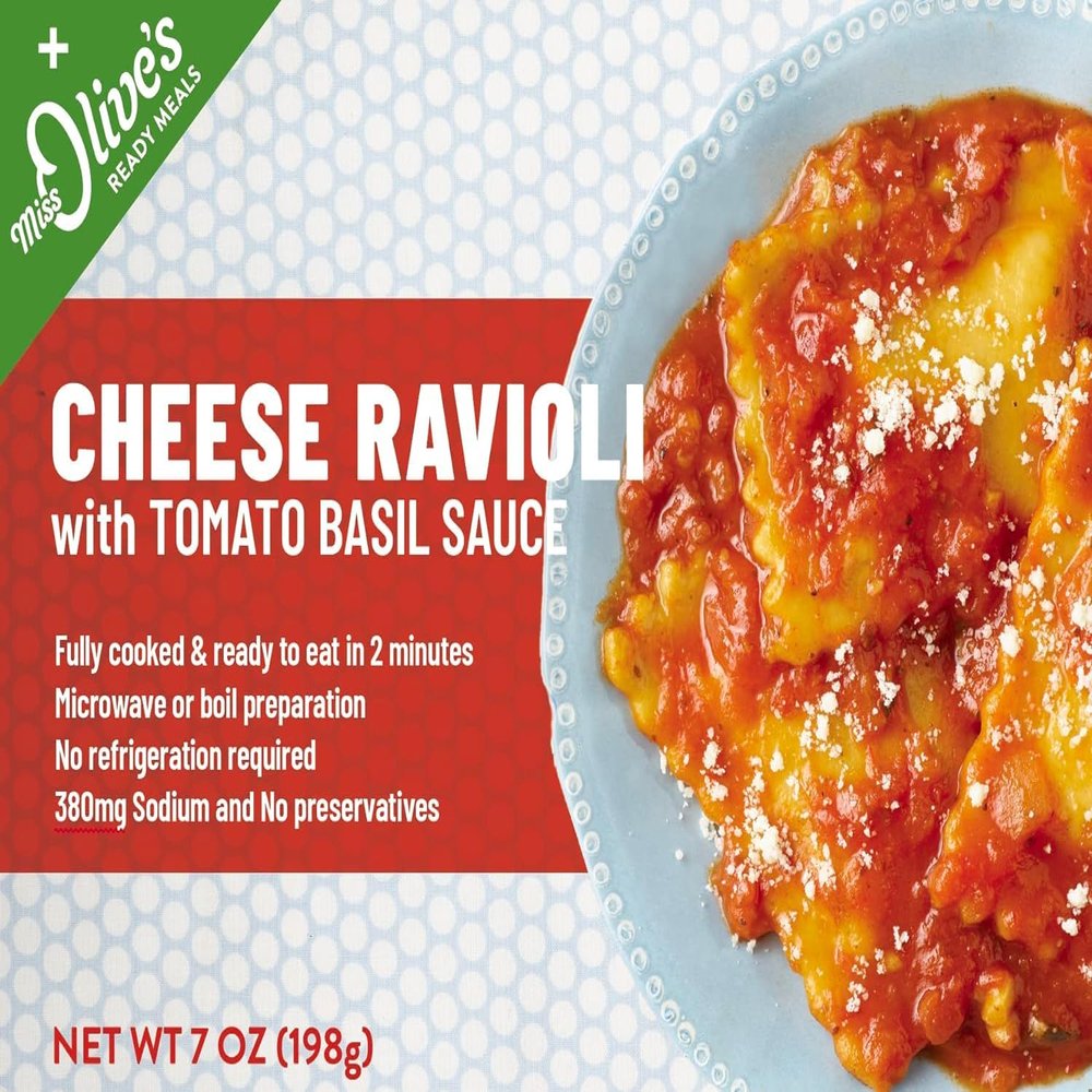 Miss Olives Cheese Ravioli, Shelf Stable, Lower Sodium Ready Meal, 7 ounce (Pack of 6)