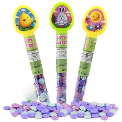 Candy Tubes with Chocolate Lentils, Festive Spring Treats in Bunny, Chick, and Sunflower Designs, Party Favors, (3 Pack, 1.7 oz Each)