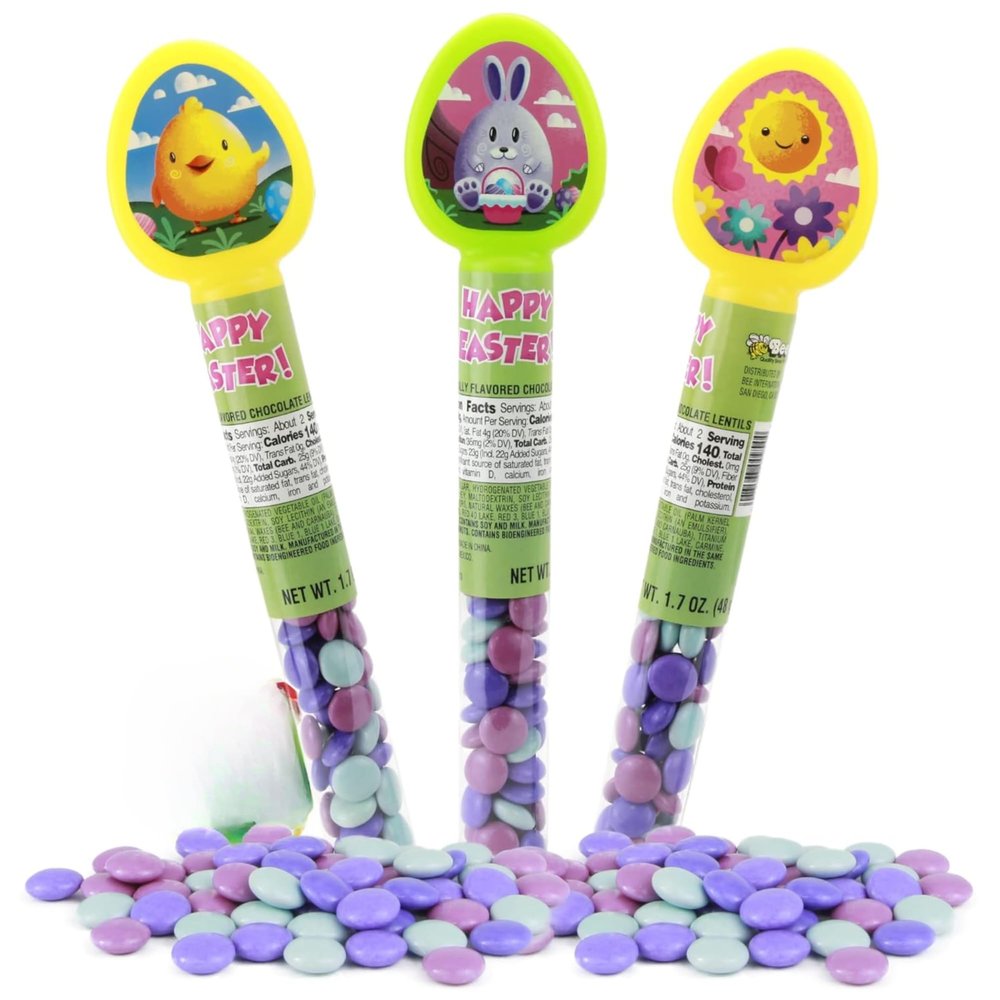 Candy Tubes with Chocolate Lentils, Festive Spring Treats in Bunny, Chick, and Sunflower Designs, Party Favors, (3 Pack, 1.7 oz Each)