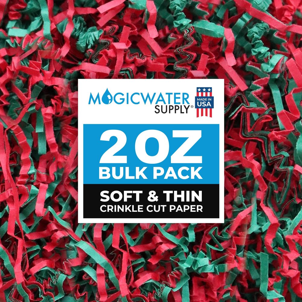 MagicWater Supply - 2 oz - Green & Red - Soft & Thin Crinkle Cut Paper Shred Filler great for Gift Wrapping, Basket Filling, Birthdays, Weddings, Anniversaries, Valentines Day, and other occasions
