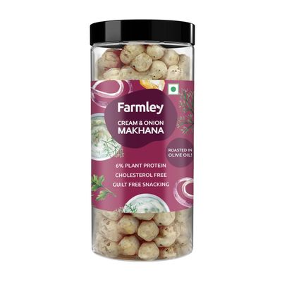 Farmley Makhana Healthy Protein Snacks | Gluten Free Plant Based Roasted & Flavoured Crisps (Pack of 1) | Fox Nuts | High Protein/Fiber | Healthy Snacks | Popped Lotus Seed - Cream & Onion | 3.20 Oz