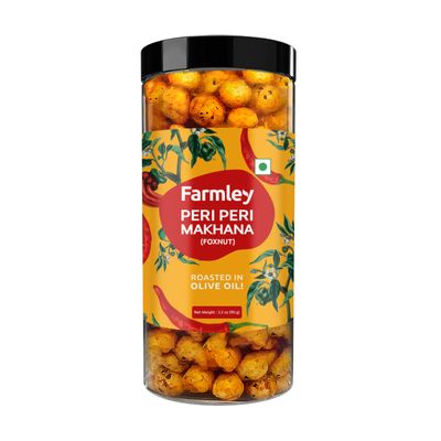 Farmley Makhana Healthy Puffs | Gluten Free Plant Based Roasted & Flavoured Crisps (Pack of 1) | Fox Nuts | High Protein/Fiber | Healthy Snacks | Popped Lotus Seed - Peri-Peri | 3.20 Oz