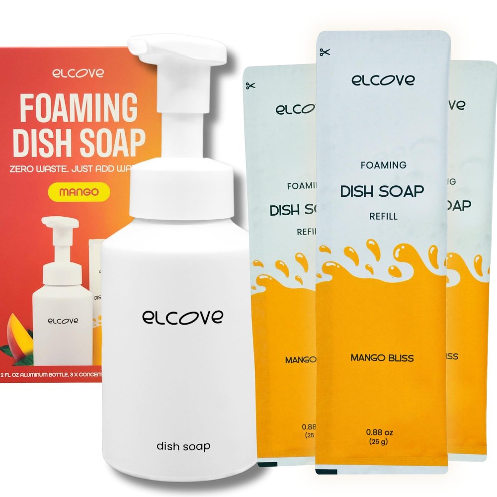 Eco Friendly Foaming Dish Soap Starter Set, Reusable Aluminum Soap Dispenser, Zero Waste, Non Toxic, Concentrated Powder Dish Soap Refill (Pack of 3) Make 36 oz of Foaming Dish Washing Liquid