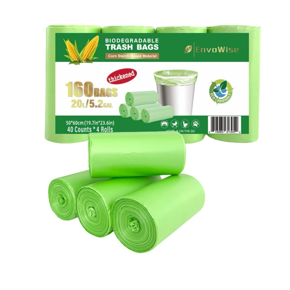 Biodegradable Trash Bags (Thickened), 5 Gallon / 20L | Unscented Strong Multipurpose Garbage Bags for Kitchen, Bathroom, Bedroom & Office, 160 Count | EnvoWise Compostable Bags