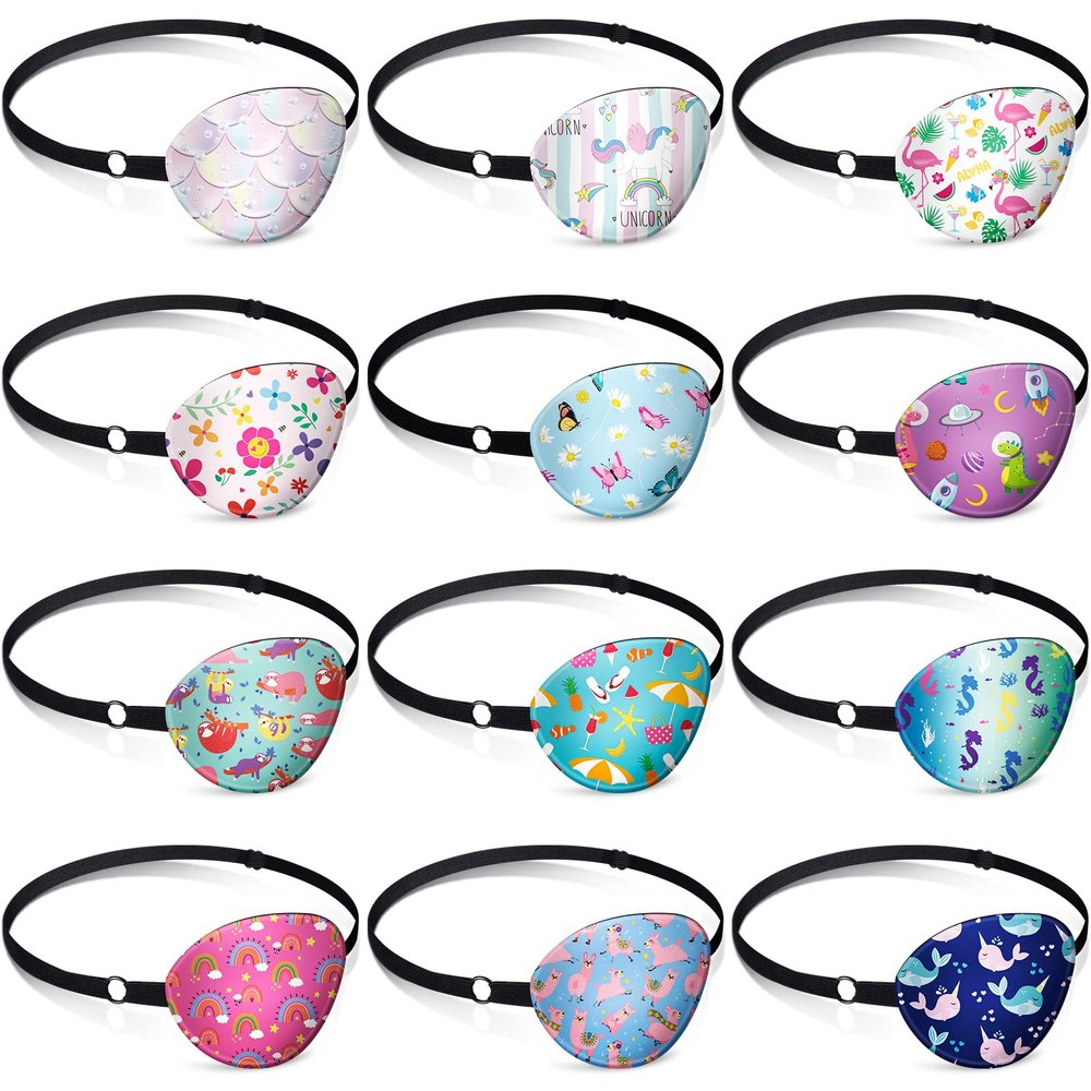 12 Pcs Eye Patches for Kids Adjustable Single Eyepatch Reusable Cute Soft Girl Boy Eye Patch with Elastic Strap Cotton Colorful and Fun Designs for Left or Right Eyepatch, Various Patterns