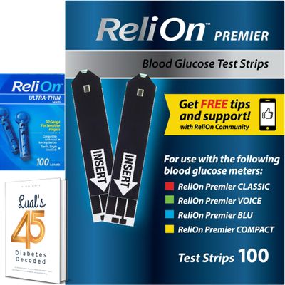 Premier Blood Glucose Test Strips. Premier Test Strips 100 Count + Ultra-Thin Blood Lancets 100 Count + Luall's 45 Diabetes Decoded.