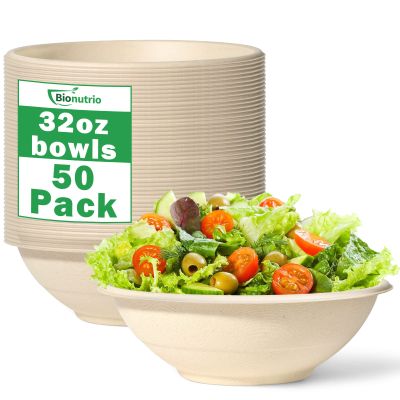 32oz Large Paper Bowls - 50 Pack Heavy Duty, Biodegradable & Microwavable - Eco Friendly Bagasse Bowls for Hot Soup, Milk, Cereals, Snacks & Salads