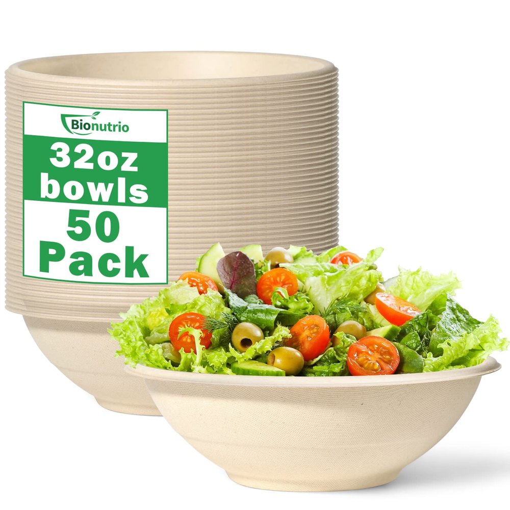 32oz Large Paper Bowls - 50 Pack Heavy Duty, Biodegradable & Microwavable - Eco Friendly Bagasse Bowls for Hot Soup, Milk, Cereals, Snacks & Salads