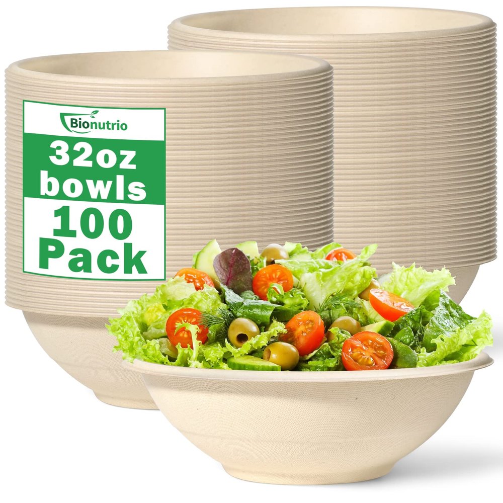 32oz Bowls Disposable Heavy Duty, Compostable Paper Bowls, Large Disposable Bowls 100 Pack, Deep Paper Soup Bowls For Hot And Cold Food, Biodegradable Bowls Made of Sugarcane for Salad Cereal Snacks