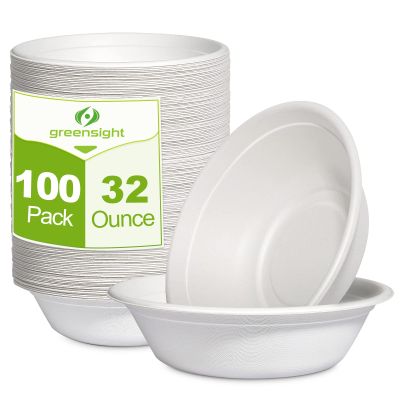 greensight Large Compostable Bowls - 32 oz, 100 Pack, Heavy Duty, Microwavable Safe, White Bagasse Bowls for Hot Soup, Salads, Cereals