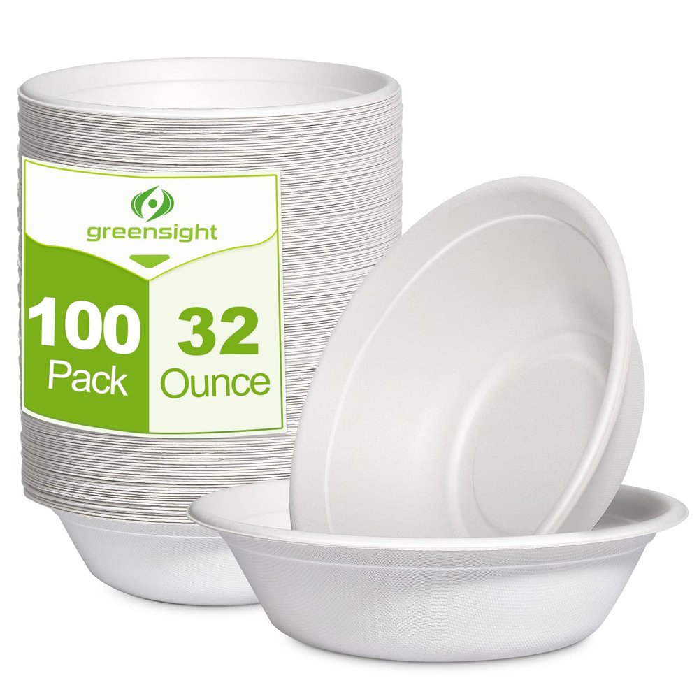 greensight Large Compostable Bowls - 32 oz, 100 Pack, Heavy Duty, Microwavable Safe, White Bagasse Bowls for Hot Soup, Salads, Cereals
