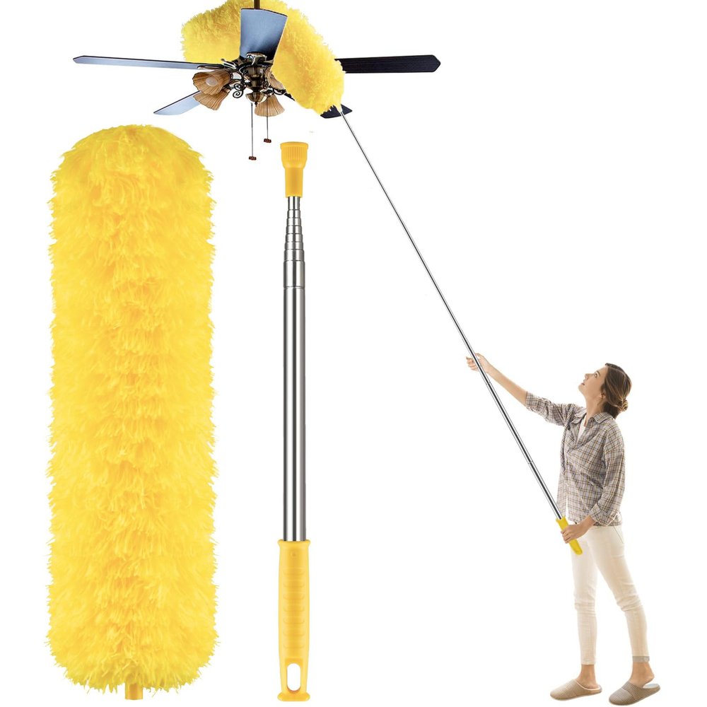 Dusters for Cleaning High Ceiling Fan, Newliton Microfiber Feather Duster with 30'' to 100'' Telescoping Extension Pole, Long Extendable Duster for Home Car Furniture Cobweb, Yellow