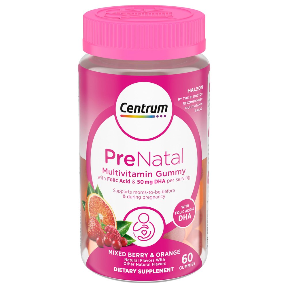 Centrum Prenatal Multivitamin Gummies with DHA and Folic Acid, Mixed Berry and Orange Flavors - 60 Count, 30 Day Supply