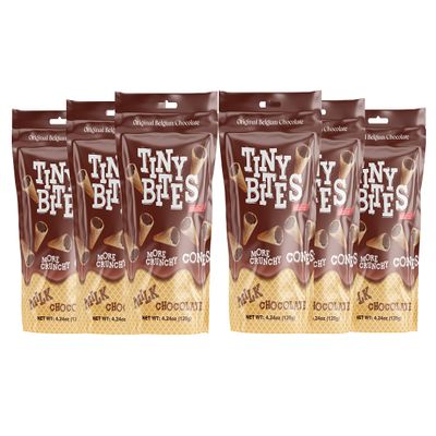 Tiny Bites Mini Waffle Cones Bite Sized Snack Filled with Real Belgian Chocolate, Tasty Chocolate Cone More Crunch 15 Calories Per Serving by BeeMax (Milk 6 Pack)