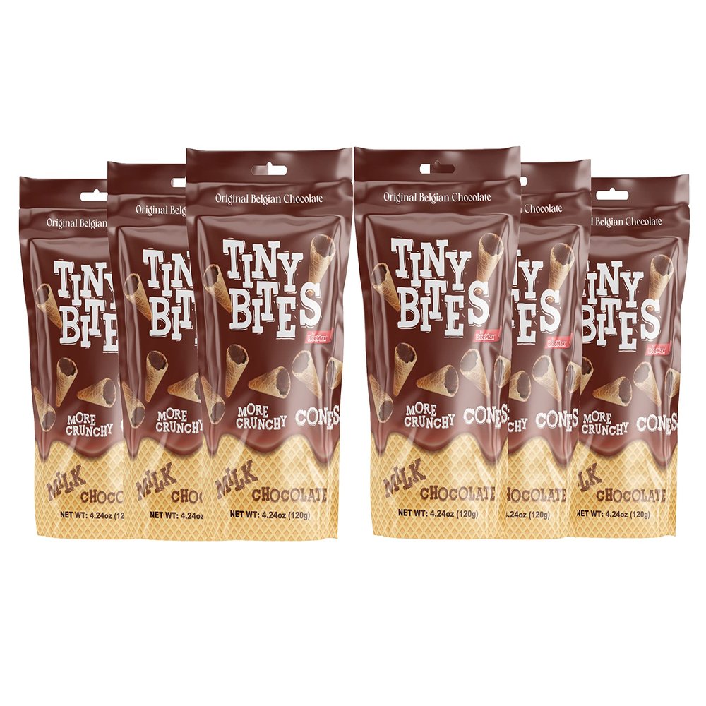 Tiny Bites Mini Waffle Cones Bite Sized Snack Filled with Real Belgian Chocolate, Tasty Chocolate Cone More Crunch 15 Calories Per Serving by BeeMax (Milk 6 Pack)