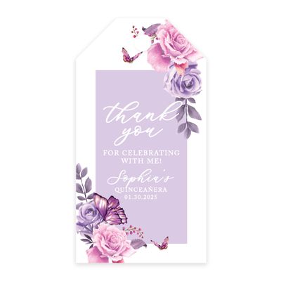 Andaz Press 40-Pack Personalized Quinceaera Favor Tags with String, Lilac Butterflies Custom Classic Thank You Gift Tags for Quince Aos XV 15th Birthday Favor Gifts Quinceanera Decorations