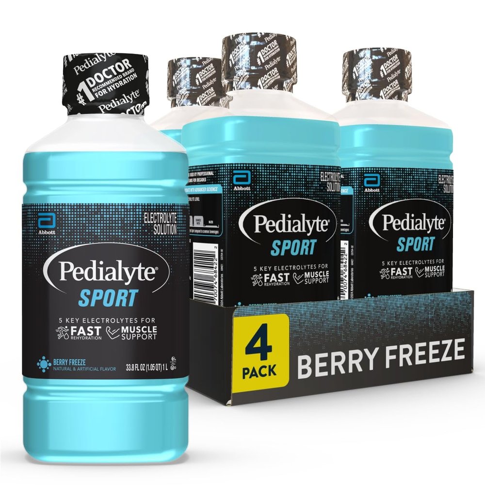 Pedialyte Sport Electrolyte Drink, Fast Hydration with 5 Key Electrolytes for Muscle Support Before, During, & After Exercise, Berry Freeze, 33.8 Fl Oz (Pack of 4)