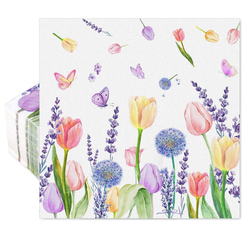 AnyDesign 80 Pcs Tulip Dandelion Napkins Disposable Graceful Paper Napkin Party Napkin Dinner Hand Napkin for Home Kitchen BathrooTable Decor