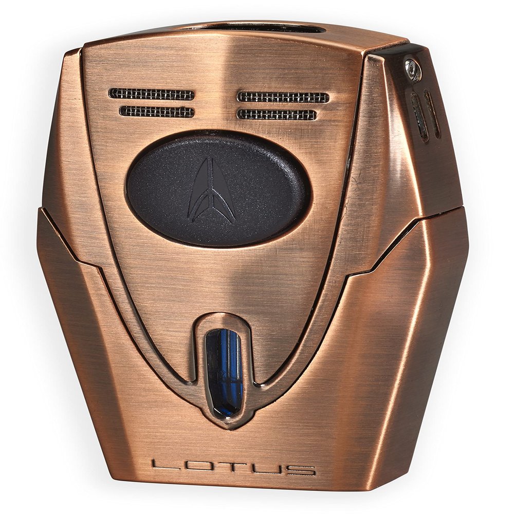 Lotus Fury Cigar Lighter with Double Pinpoint Torch Flames, Single Action Ignition, All Metal Housing, Integrated Cigar Punch, Tinted Fuel Level Window (Brushed Copper)