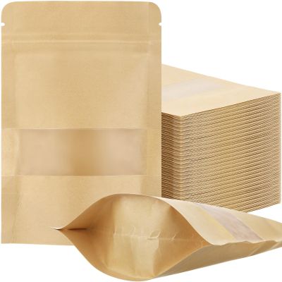 Geosar 300 Pcs Stand up Kraft Pouches with Window 6 x 9 Inch Kraft Paper Sealable Pouches with Notch Heat Sealable Resealable Bags for Small Business, Zipper Food Storage for Packaging, Snacks