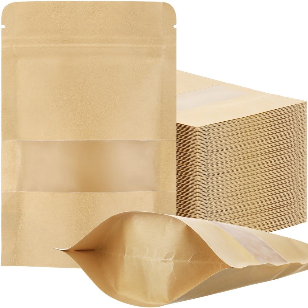 Geosar 300 Pcs Stand up Kraft Pouches with Window 6 x 9 Inch Kraft Paper Sealable Pouches with Notch Heat Sealable Resealable Bags for Small Business, Zipper Food Storage for Packaging, Snacks