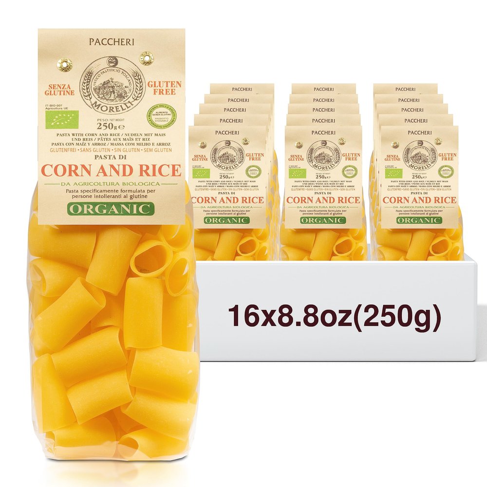 Morelli Organic Gluten Free Pasta Noodles, Paccheri - Italian Gourmet, Organic, Large Circle Tube, Made from Corn and Rice, Imported Pasta from Italy - 8.8 oz - Pack of 16