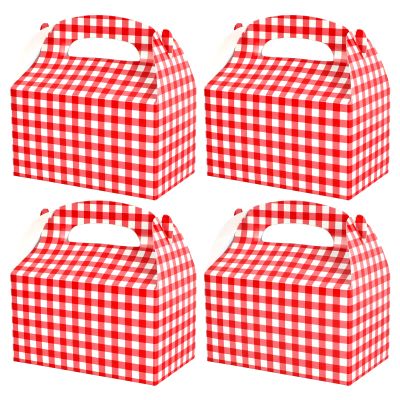 Red and White Gingham Treat Boxes - 24 Piece Candy Gable Boxes with Handles for Birthday Party, Family Dinner, Picnic, Barbecue, Mother's Day Party