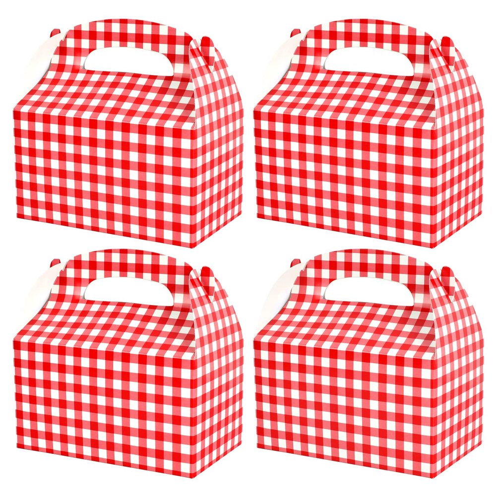 Red and White Gingham Treat Boxes - 24 Piece Candy Gable Boxes with Handles for Birthday Party, Family Dinner, Picnic, Barbecue, Mother's Day Party