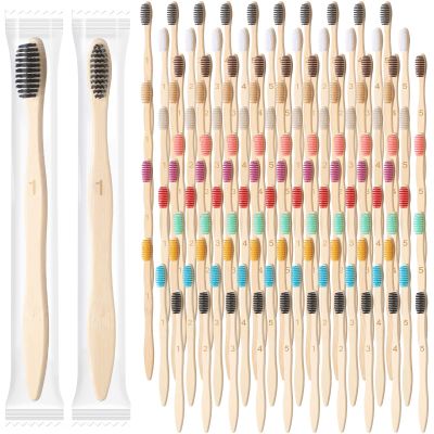 Sieral 120 Pcs Bamboo Toothbrushes Bulk Soft Bristle Individually Wrapped Travel Toothbrush Natural Wooden Tooth Brush for Homeless Kid Adult Home Travel Use, 7.5 Inch, 12 Colors (Number)